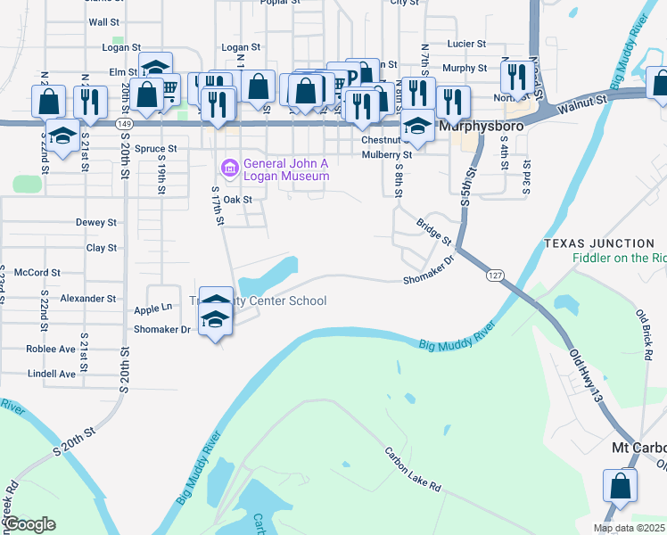 map of restaurants, bars, coffee shops, grocery stores, and more near 1200 Shomaker Drive in Murphysboro