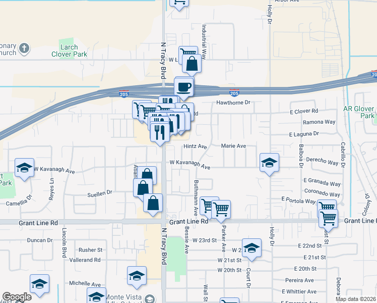 map of restaurants, bars, coffee shops, grocery stores, and more near 491 Hintz Avenue in Tracy