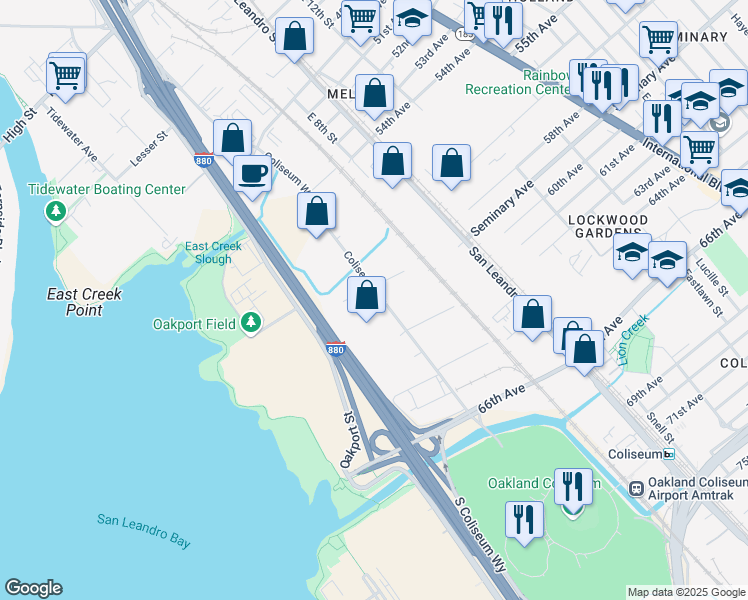 map of restaurants, bars, coffee shops, grocery stores, and more near 6161 Coliseum Way in Oakland