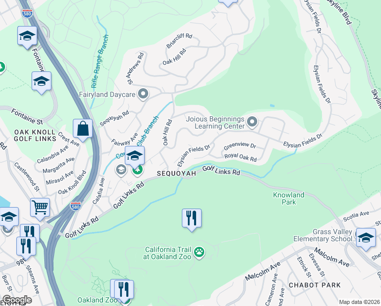 map of restaurants, bars, coffee shops, grocery stores, and more near 51 Elysian Fields Drive in Oakland
