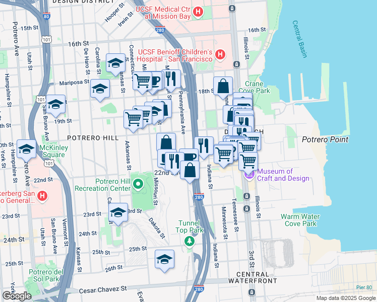 map of restaurants, bars, coffee shops, grocery stores, and more near 601 Pennsylvania Avenue in San Francisco