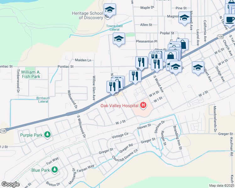 map of restaurants, bars, coffee shops, grocery stores, and more near 1515 West F Street in Oakdale