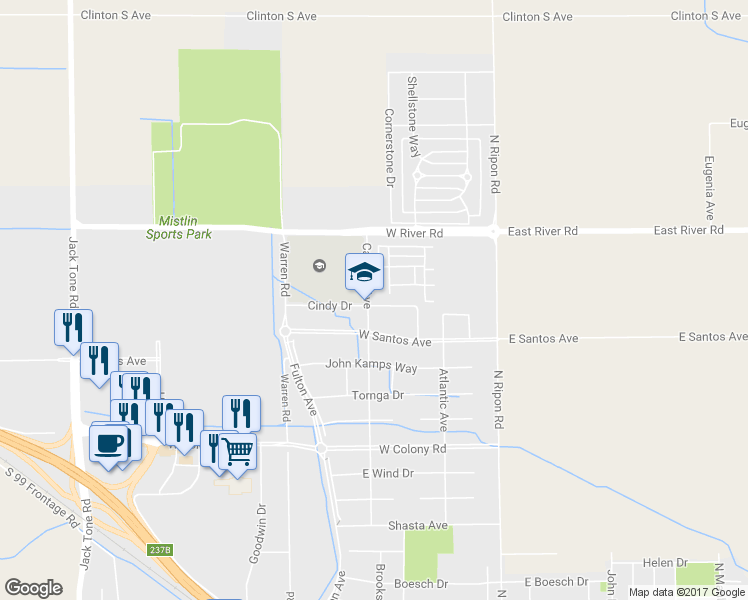 map of restaurants, bars, coffee shops, grocery stores, and more near 1636 Calhoun Avenue in Ripon