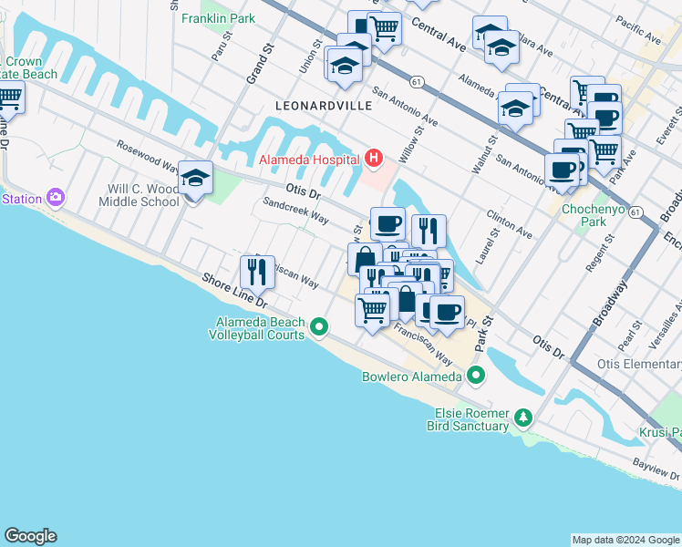 map of restaurants, bars, coffee shops, grocery stores, and more near 417 Willow Street in Alameda
