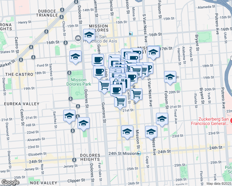 map of restaurants, bars, coffee shops, grocery stores, and more near 876 Valencia Street in San Francisco
