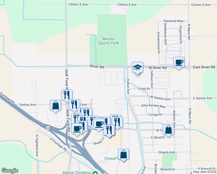 map of restaurants, bars, coffee shops, grocery stores, and more near 1644 Carrara Lane in Ripon
