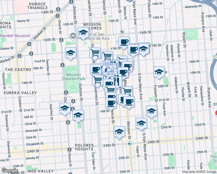 map of restaurants, bars, coffee shops, grocery stores, and more near 876 Valencia Street in San Francisco