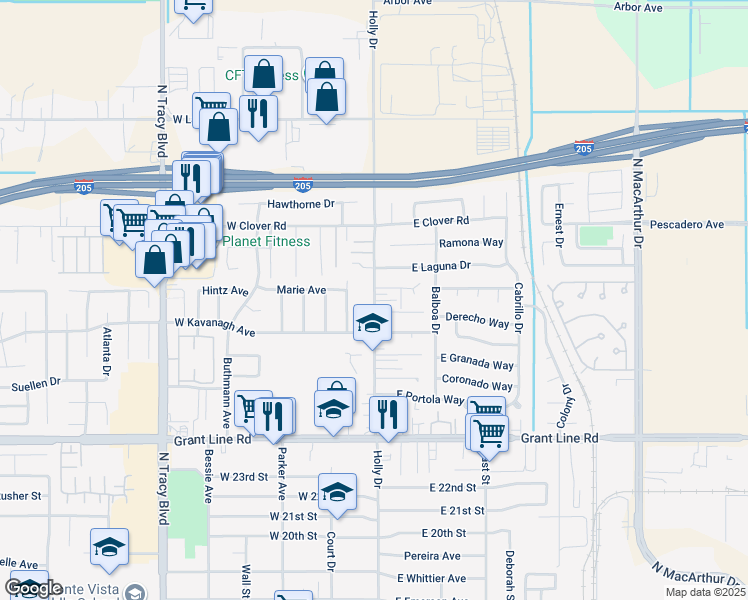map of restaurants, bars, coffee shops, grocery stores, and more near 3141 Holly Drive in Tracy