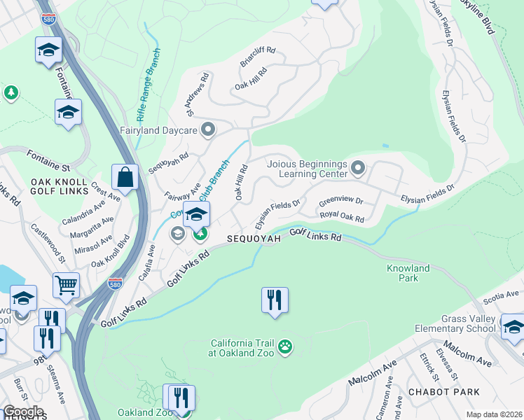 map of restaurants, bars, coffee shops, grocery stores, and more near 66 Elysian Fields Drive in Oakland