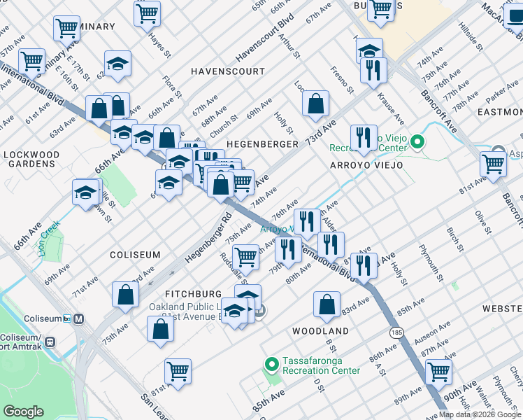 map of restaurants, bars, coffee shops, grocery stores, and more near in Oakland