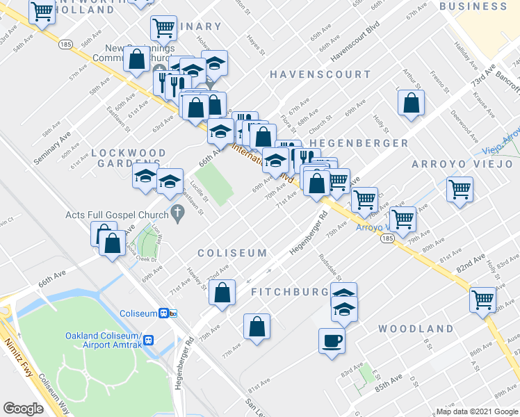 map of restaurants, bars, coffee shops, grocery stores, and more near 6901 Herbert Guice Way in Oakland