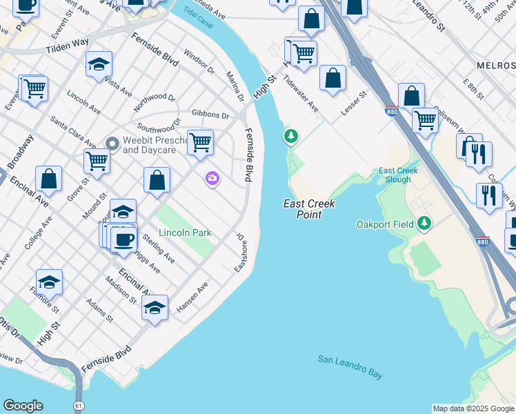 map of restaurants, bars, coffee shops, grocery stores, and more near 3343 Fernside Boulevard in Alameda