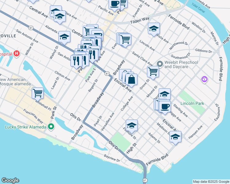 map of restaurants, bars, coffee shops, grocery stores, and more near 1226 Broadway in Alameda