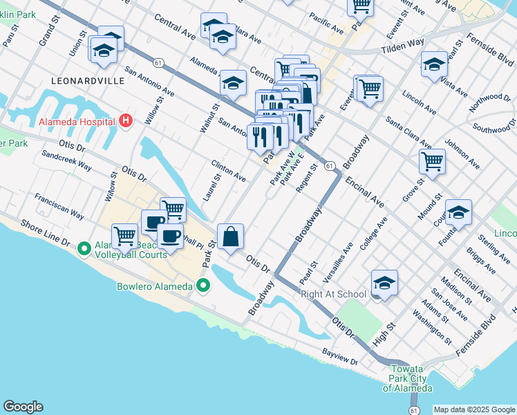 map of restaurants, bars, coffee shops, grocery stores, and more near 1167 Park Avenue in Alameda