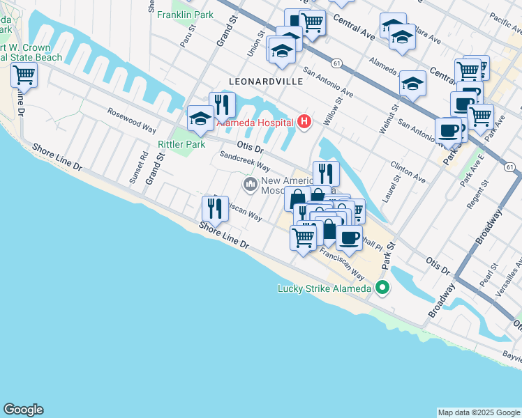 map of restaurants, bars, coffee shops, grocery stores, and more near 417 Camden Road in Alameda