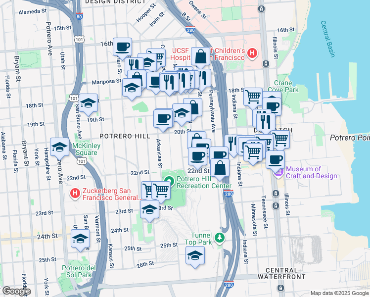 map of restaurants, bars, coffee shops, grocery stores, and more near 540 Texas Street in San Francisco