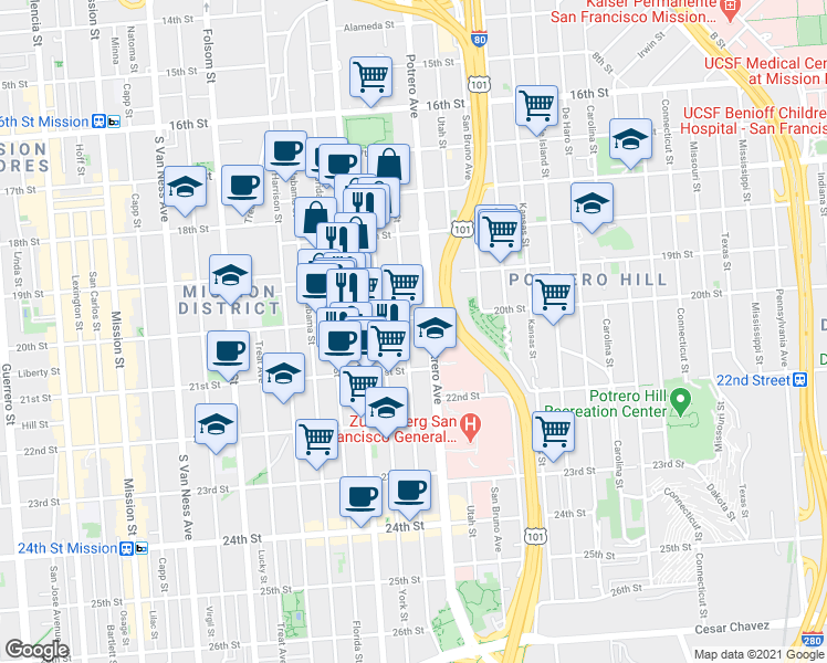 map of restaurants, bars, coffee shops, grocery stores, and more near 2620 20th Street in San Francisco