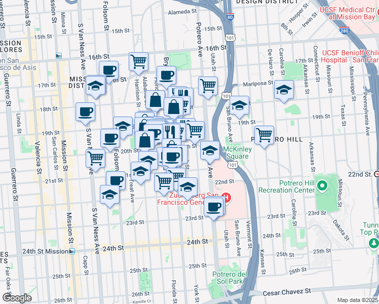 map of restaurants, bars, coffee shops, grocery stores, and more near 780 York Street in San Francisco