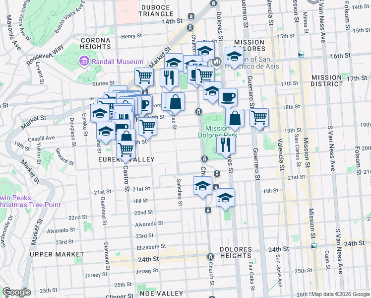 map of restaurants, bars, coffee shops, grocery stores, and more near 3875 19th Street in San Francisco