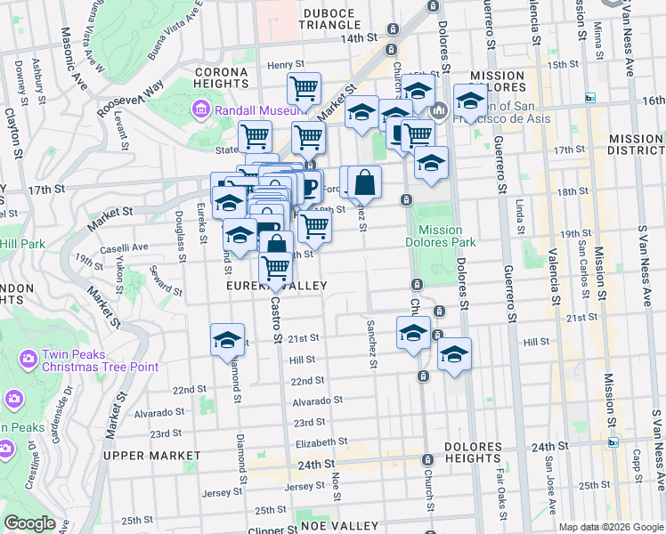 map of restaurants, bars, coffee shops, grocery stores, and more near 580 Sanchez Street in San Francisco