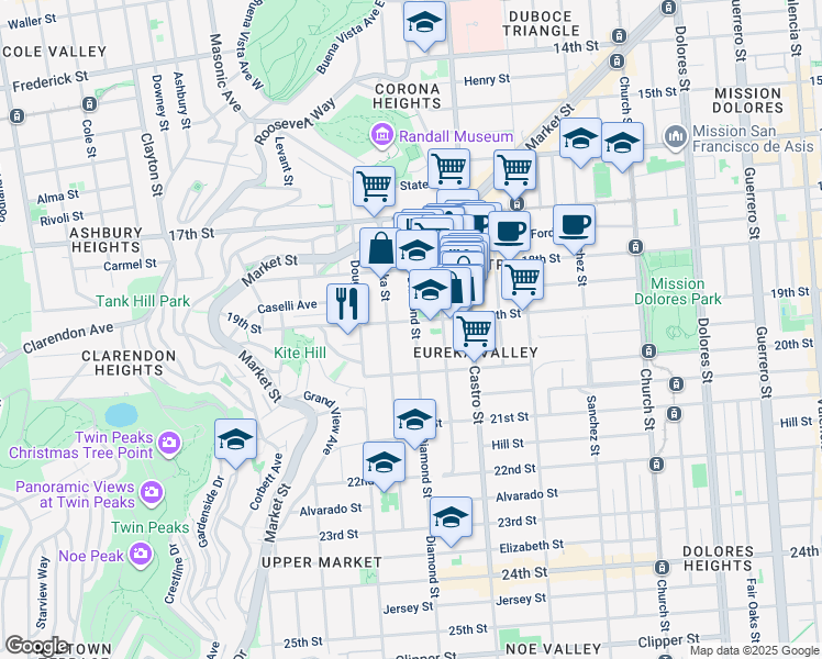 map of restaurants, bars, coffee shops, grocery stores, and more near 149 Eureka Street in San Francisco