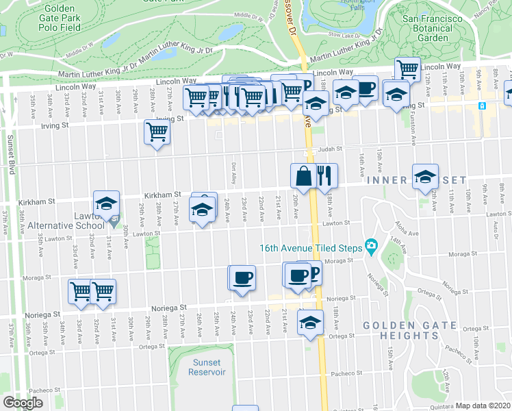 map of restaurants, bars, coffee shops, grocery stores, and more near 1506 23rd Avenue in San Francisco