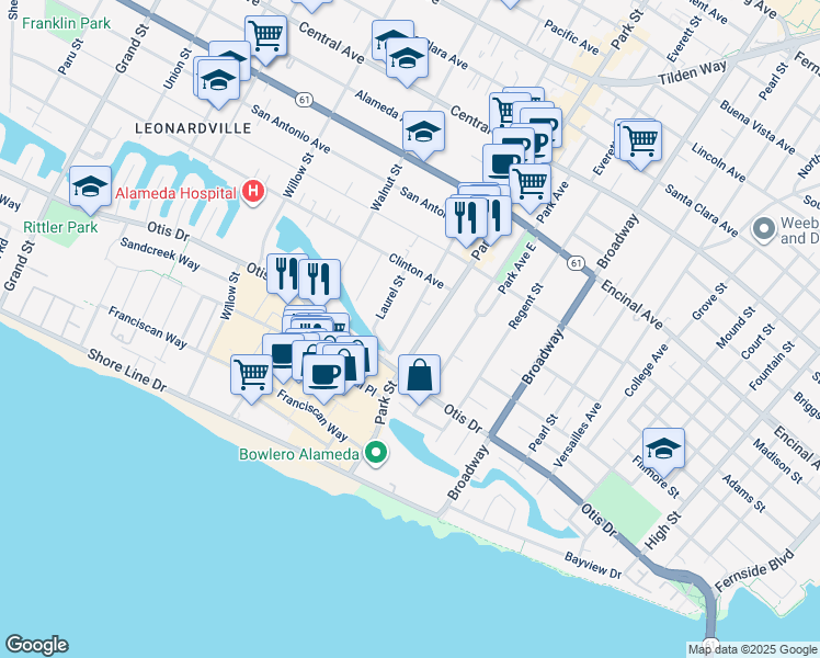 map of restaurants, bars, coffee shops, grocery stores, and more near 840 Oak Street in Alameda