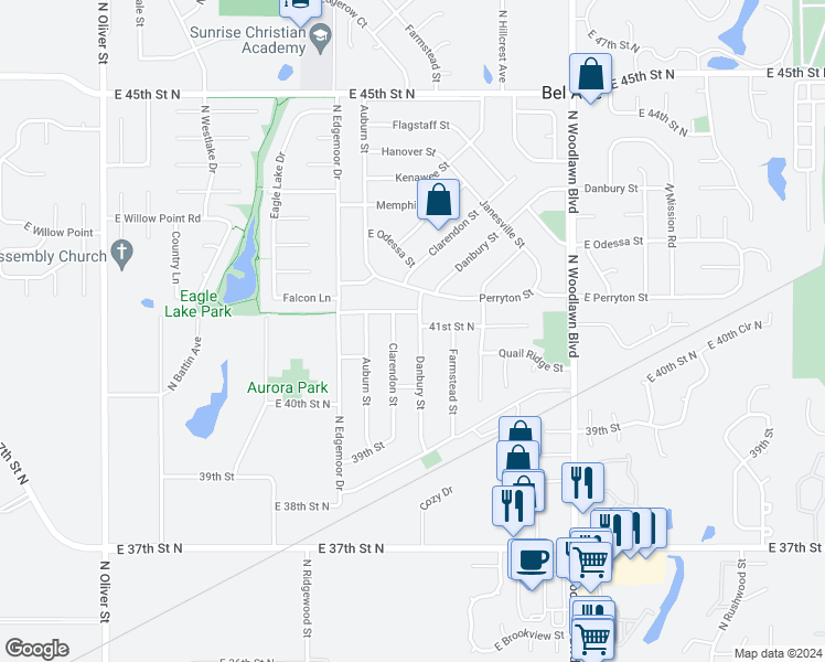 map of restaurants, bars, coffee shops, grocery stores, and more near 4149 Danbury Street in Bel Aire