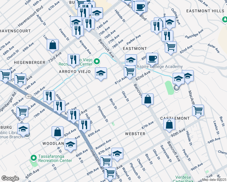 map of restaurants, bars, coffee shops, grocery stores, and more near 1942 81st Avenue in Oakland