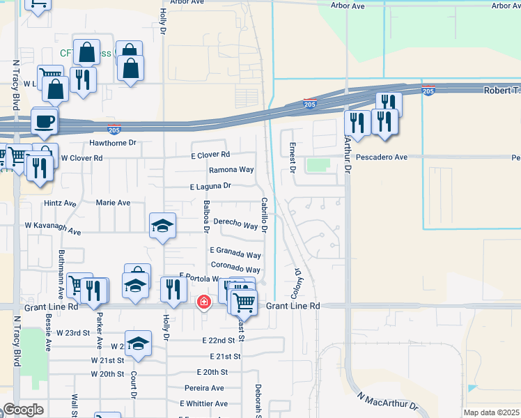 map of restaurants, bars, coffee shops, grocery stores, and more near 2941 Cabrillo Drive in Tracy
