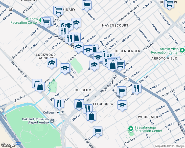 map of restaurants, bars, coffee shops, grocery stores, and more near 1152 70th Avenue in Oakland