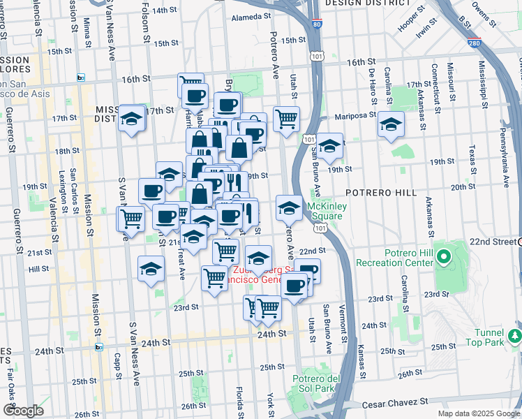 map of restaurants, bars, coffee shops, grocery stores, and more near 780 York Street in San Francisco