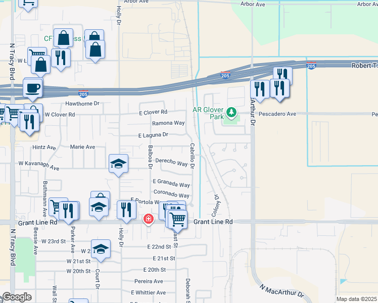 map of restaurants, bars, coffee shops, grocery stores, and more near 2941 Cabrillo Drive in Tracy