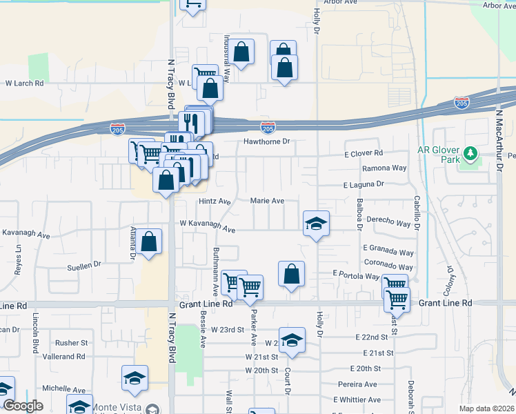 map of restaurants, bars, coffee shops, grocery stores, and more near 3054 Coventry Drive in Tracy
