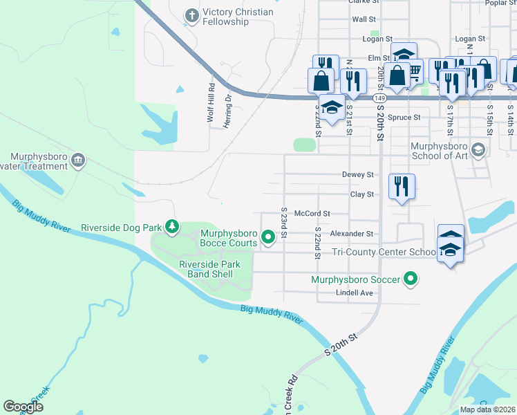 map of restaurants, bars, coffee shops, grocery stores, and more near 2301-2337 Clay St in Murphysboro