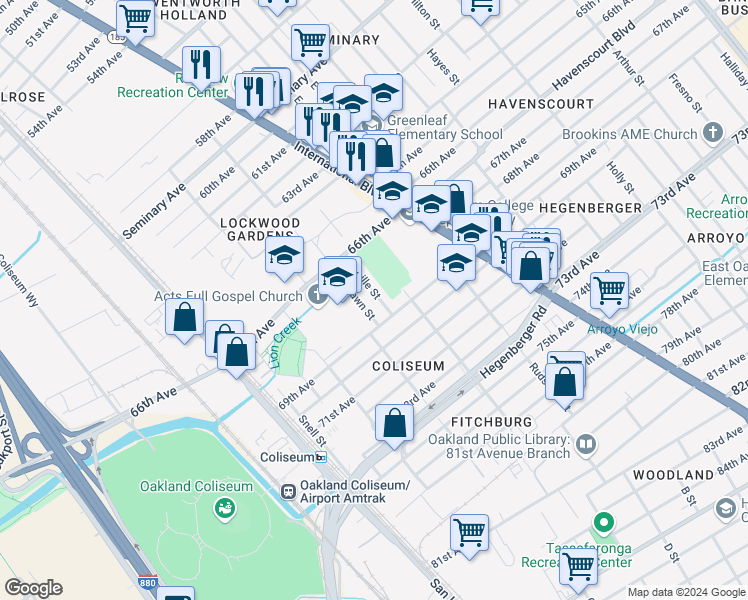map of restaurants, bars, coffee shops, grocery stores, and more near 6803 Lucille Street in Oakland