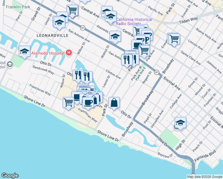 map of restaurants, bars, coffee shops, grocery stores, and more near 840 Oak Street in Alameda