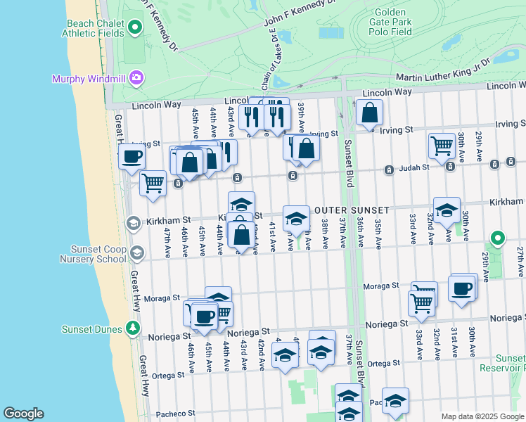 map of restaurants, bars, coffee shops, grocery stores, and more near 3726 Kirkham Street in San Francisco