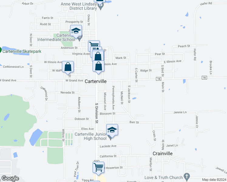 map of restaurants, bars, coffee shops, grocery stores, and more near 302 Pennsylvania Avenue in Carterville