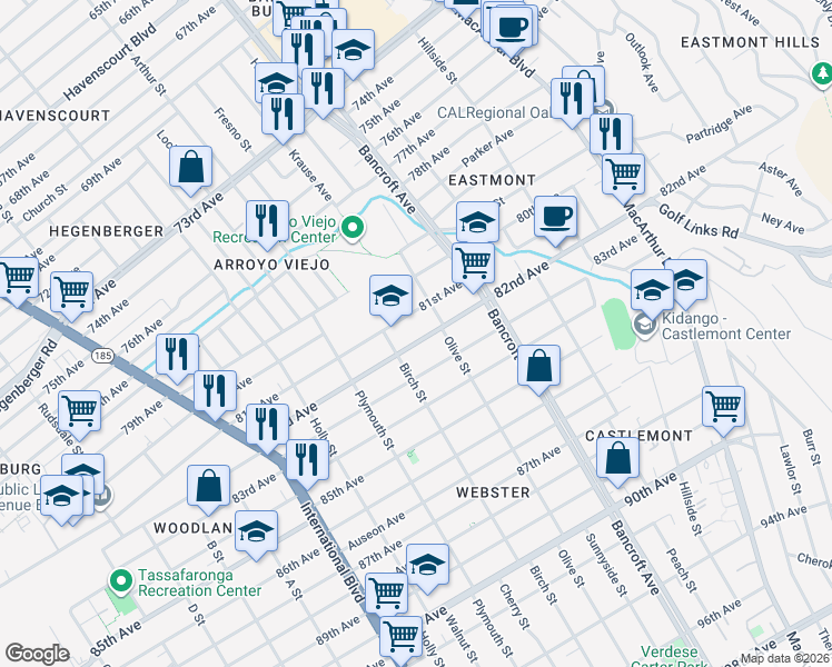 map of restaurants, bars, coffee shops, grocery stores, and more near 1941 82nd Avenue in Oakland