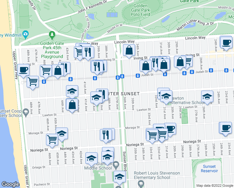 map of restaurants, bars, coffee shops, grocery stores, and more near Kirkham St & 37th Ave in San Francisco