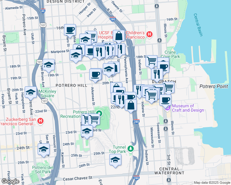 map of restaurants, bars, coffee shops, grocery stores, and more near 540 Texas Street in San Francisco