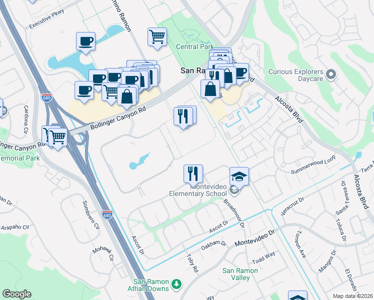 map of restaurants, bars, coffee shops, grocery stores, and more near 6111 Bollinger Canyon Road in San Ramon