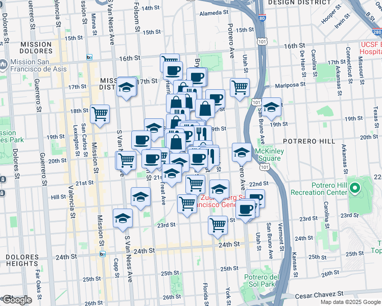map of restaurants, bars, coffee shops, grocery stores, and more near 777 Florida Street in San Francisco