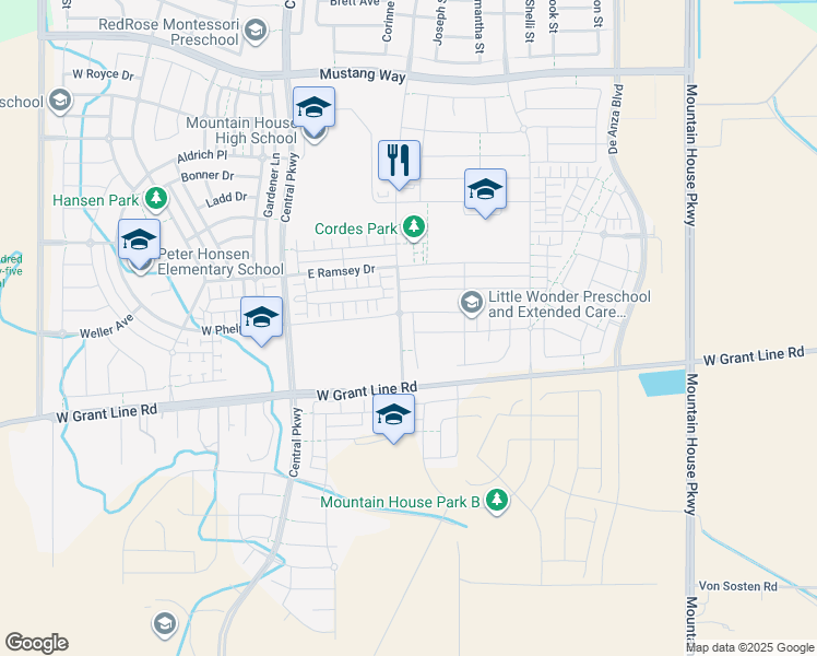 map of restaurants, bars, coffee shops, grocery stores, and more near 240 East Phelps Drive in Tracy