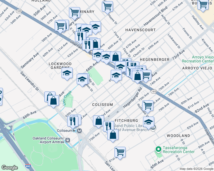 map of restaurants, bars, coffee shops, grocery stores, and more near 6720 Hamilton Street in Oakland
