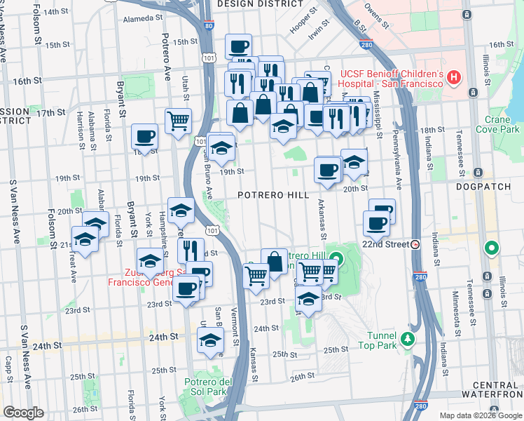 map of restaurants, bars, coffee shops, grocery stores, and more near in San Francisco