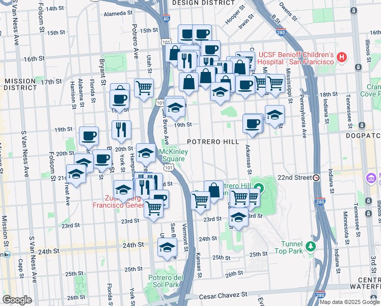 map of restaurants, bars, coffee shops, grocery stores, and more near 813 Kansas Street in San Francisco