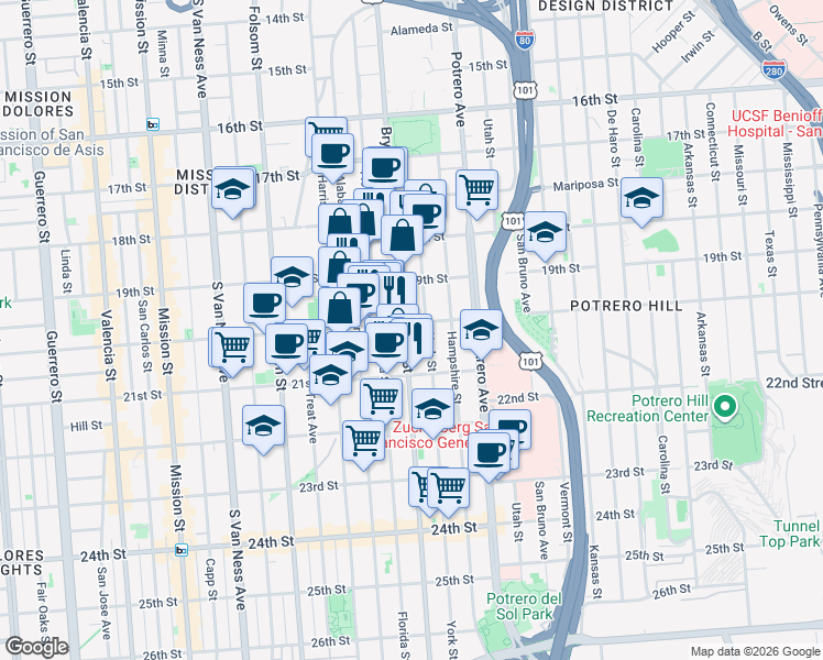 map of restaurants, bars, coffee shops, grocery stores, and more near 780 York Street in San Francisco