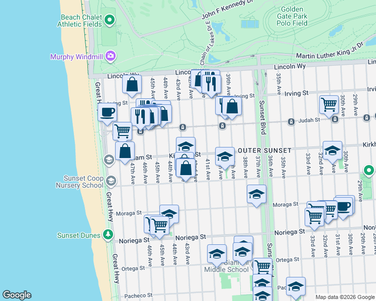 map of restaurants, bars, coffee shops, grocery stores, and more near 1459 42nd Avenue in San Francisco